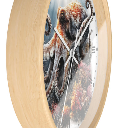 Round wall clock with a light natural wood frame and a printed octopus underwater scene on the face, with white hands and black Roman numerals.