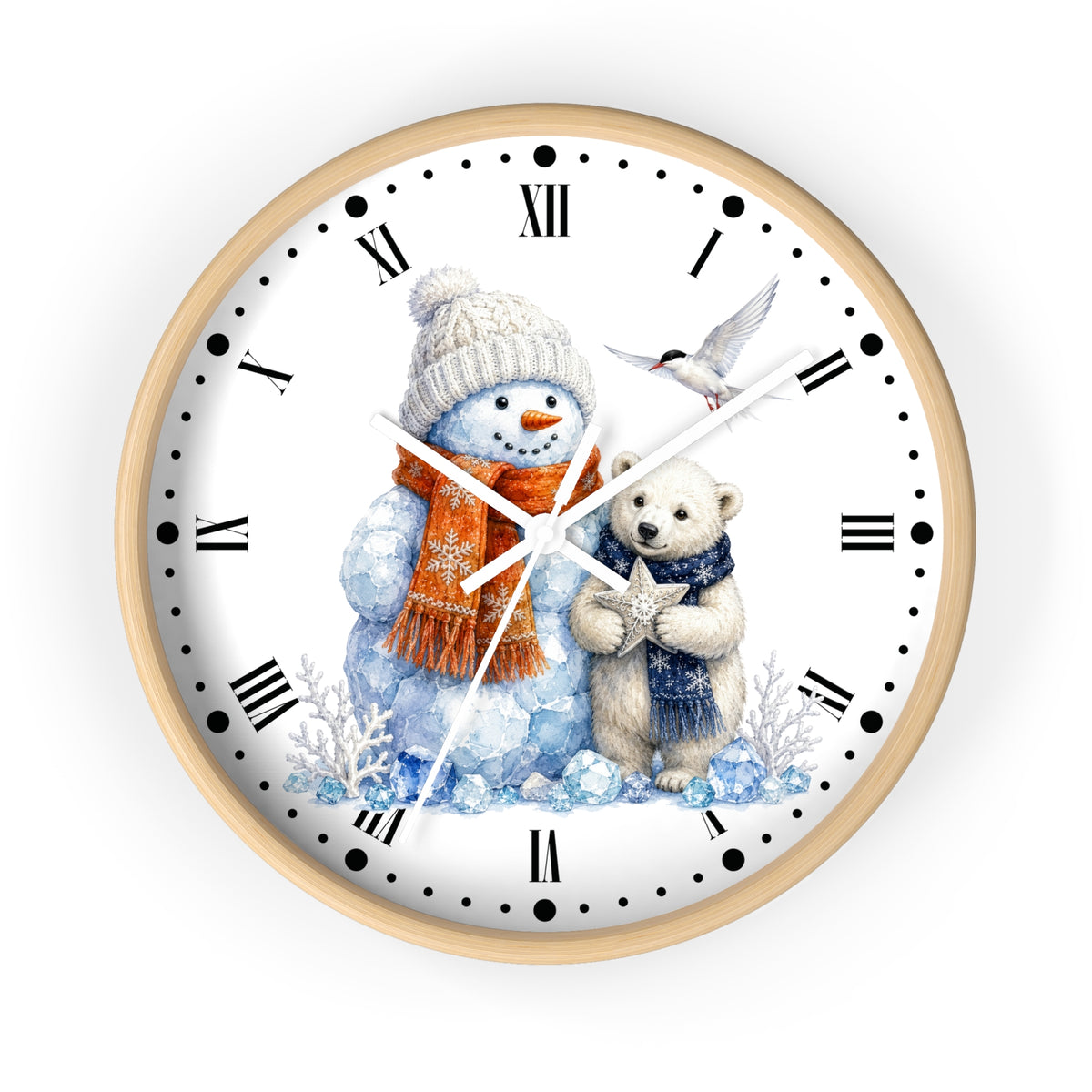 A round wall clock with a light wood frame and a white face, featuring a winter illustration of a snowman in a beige hat and orange scarf next to a white bear in a blue scarf, with black Roman numerals and hands.