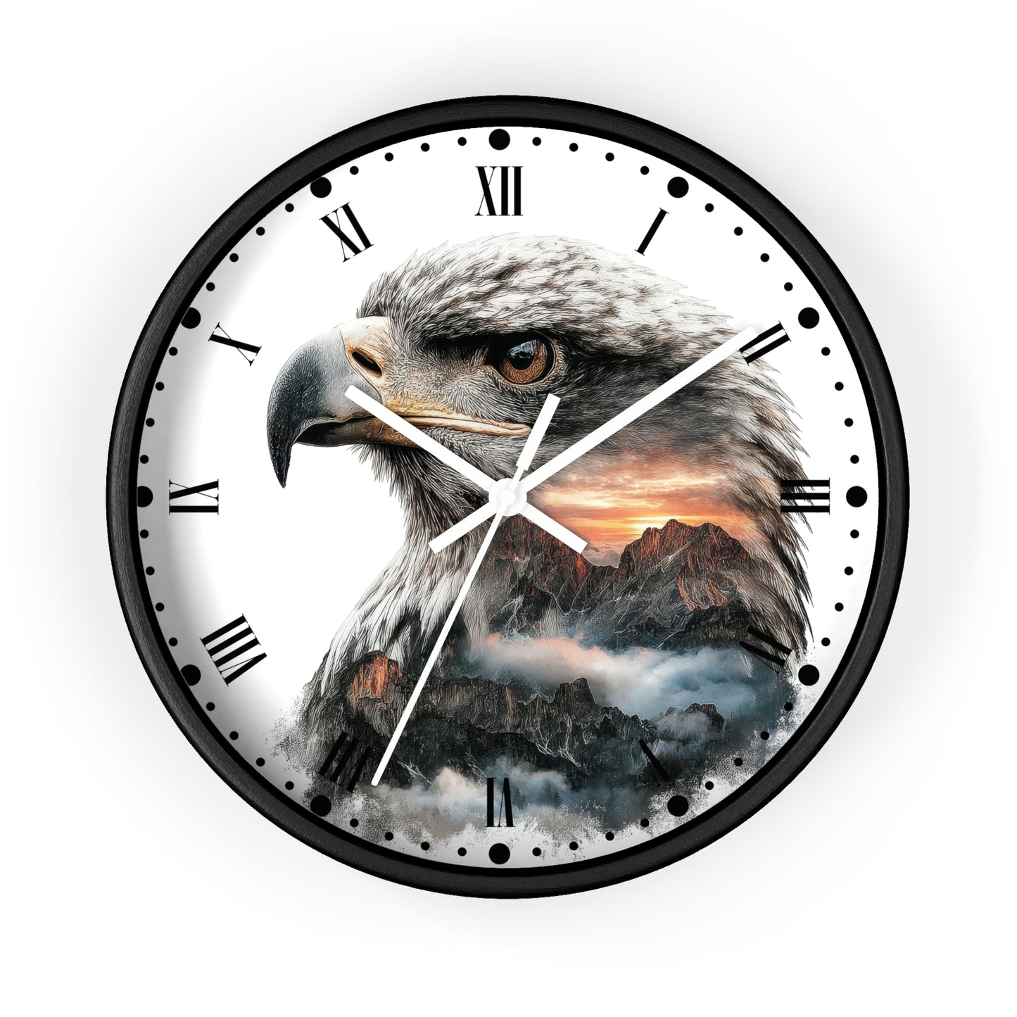 Round wall clock with a black frame and a white face featuring a large eagle head over a mountain landscape at sunset, with black Roman numerals and white hands.