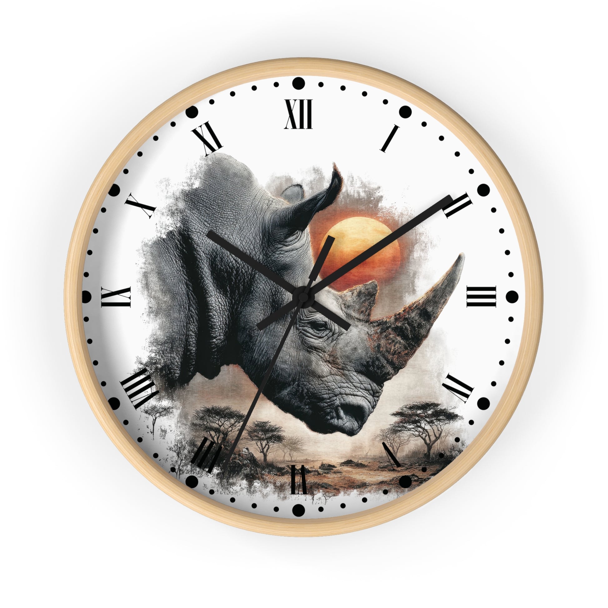 A round wall clock with a light wood frame and a white face featuring a detailed rhinoceros illustration, Roman numerals, black hour markers, and a small scenic landscape near the bottom.