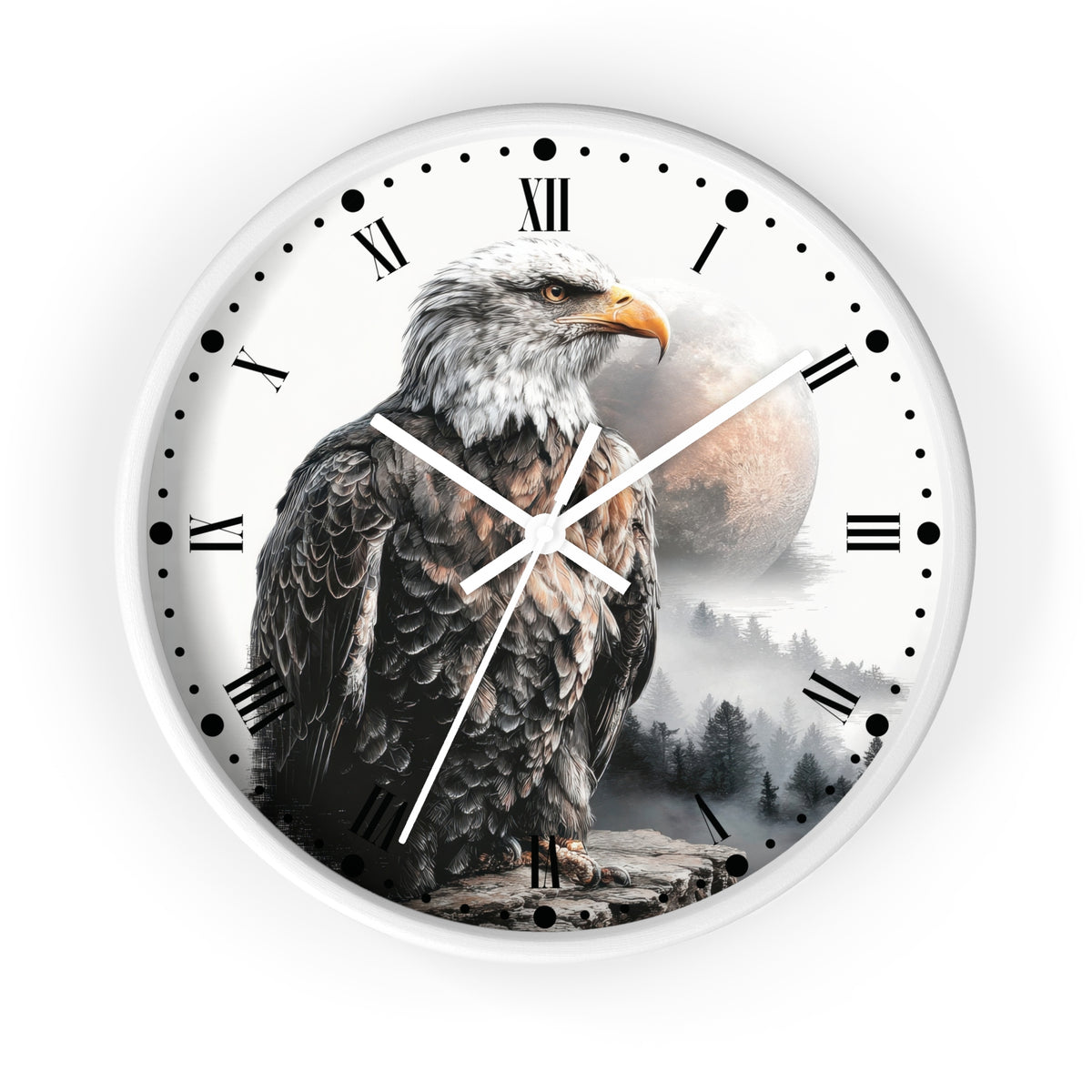 Round wall clock with a white face featuring a large bald eagle over a misty forest and moon, with black Roman numerals and white hands on a white background.