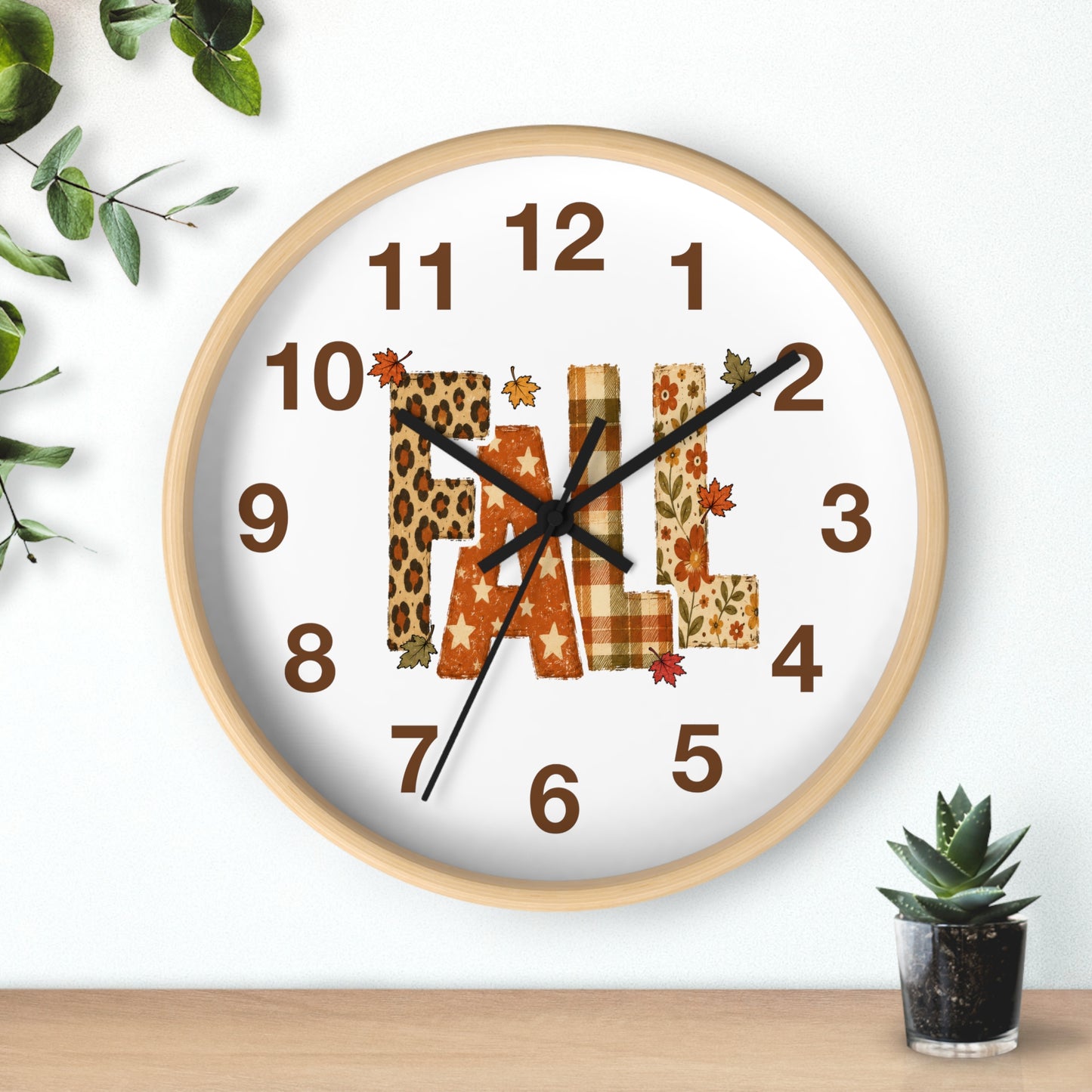 Fall Pattern Wall Clock | Autumn Leaves, Plaid & Leopard Accent Home Decor