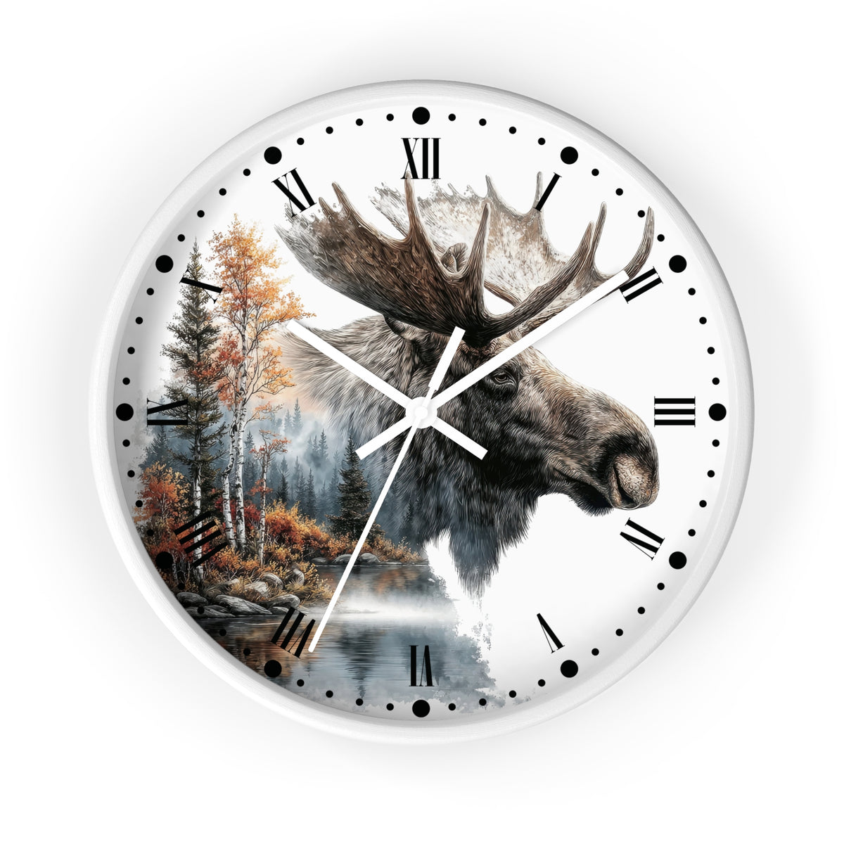 A round wall clock with a white frame and face, featuring a realistic moose head illustration over a forest and lake scene, with black Roman numerals and clock hands on a white background.
