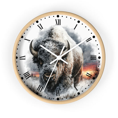 Bison Sunrise Wall Clock with Roman Numerals — Rustic Buffalo Decor