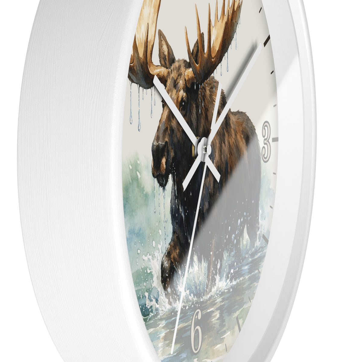 A white round wall clock with a printed moose artwork on the face, shown against a plain white background.