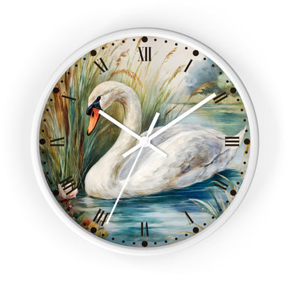 Round wall clock with a white frame and a printed swan scene on the face, featuring Roman numerals and white clock hands, shown against a plain white background.