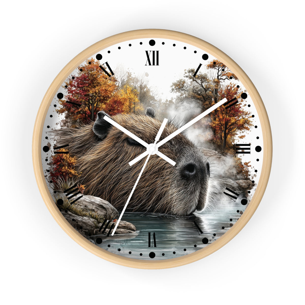 Capybara Autumn Wall Clock with Roman Numerals — Nature-Inspired Animal Decor