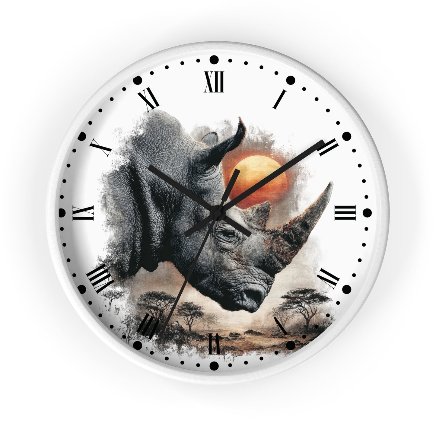 A round white wall clock featuring a detailed graphic print of two rhinoceros heads, a small orange sun, and a savanna landscape with trees. The clock face includes black Roman numerals and dot hour markers, with black clock hands.