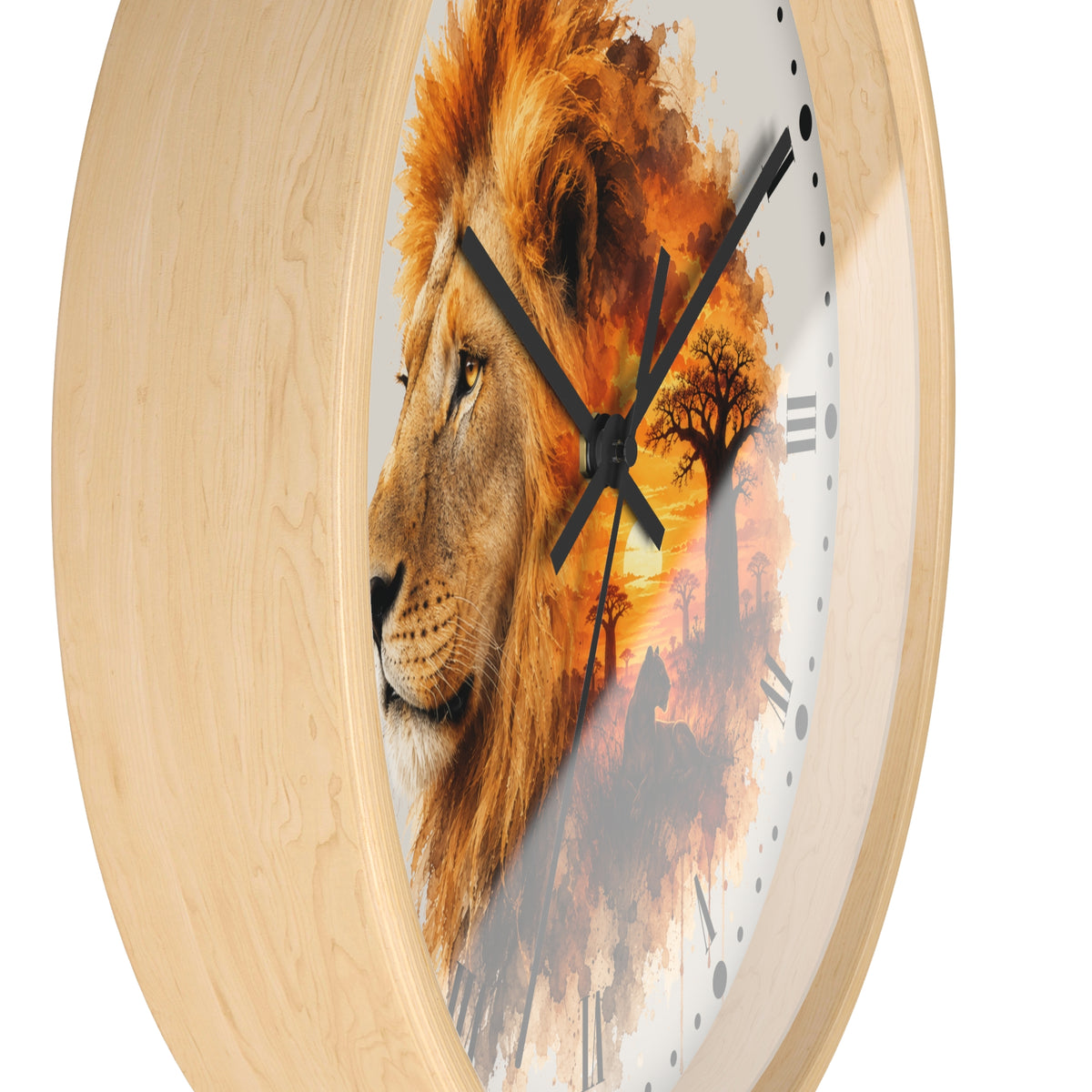 Round wall clock with a light natural wood frame and a printed lion face over an orange sunset landscape on the dial, shown against a plain white background.