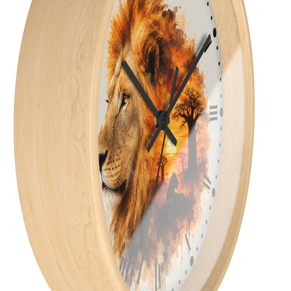 Round wall clock with a light natural wood frame and a printed lion face over an orange sunset landscape on the dial, shown against a plain white background.