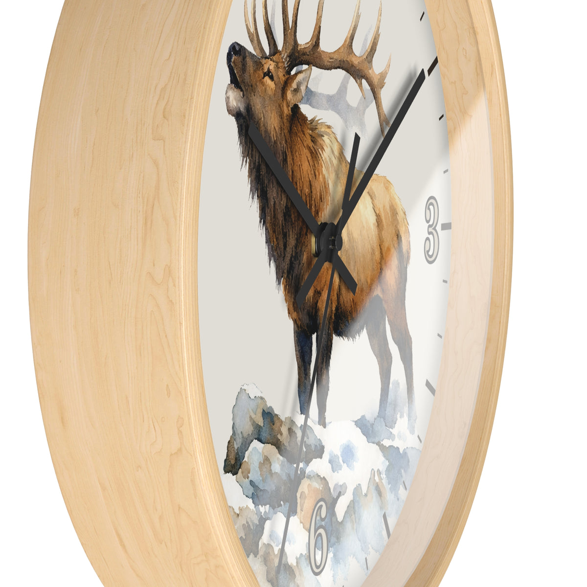 Elk Winter Wall Clock — Rustic Watercolor Mountain Lodge Decor