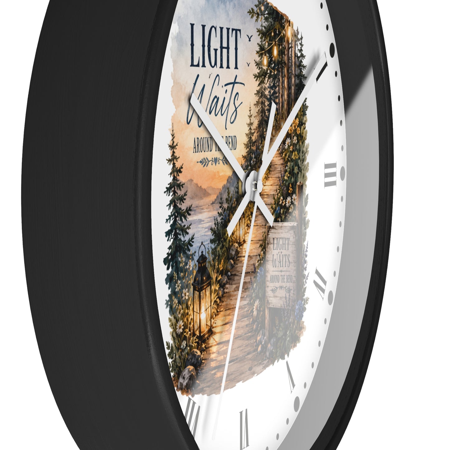 Rustic Lantern Christian Wall Clock — "Light Waits Around the Bend" Bible Verse Decor