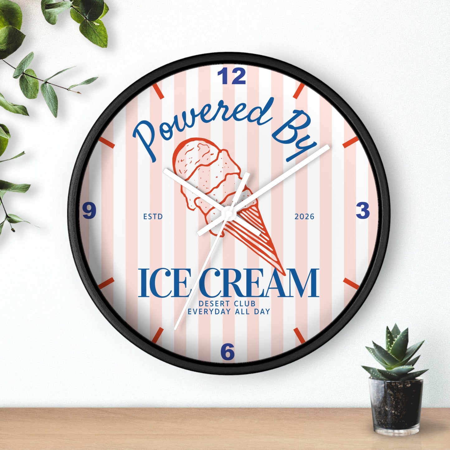 Desert Club Wall Clock | "Powered By Ice Cream" Retro Striped Dessert Kitchen Decor
