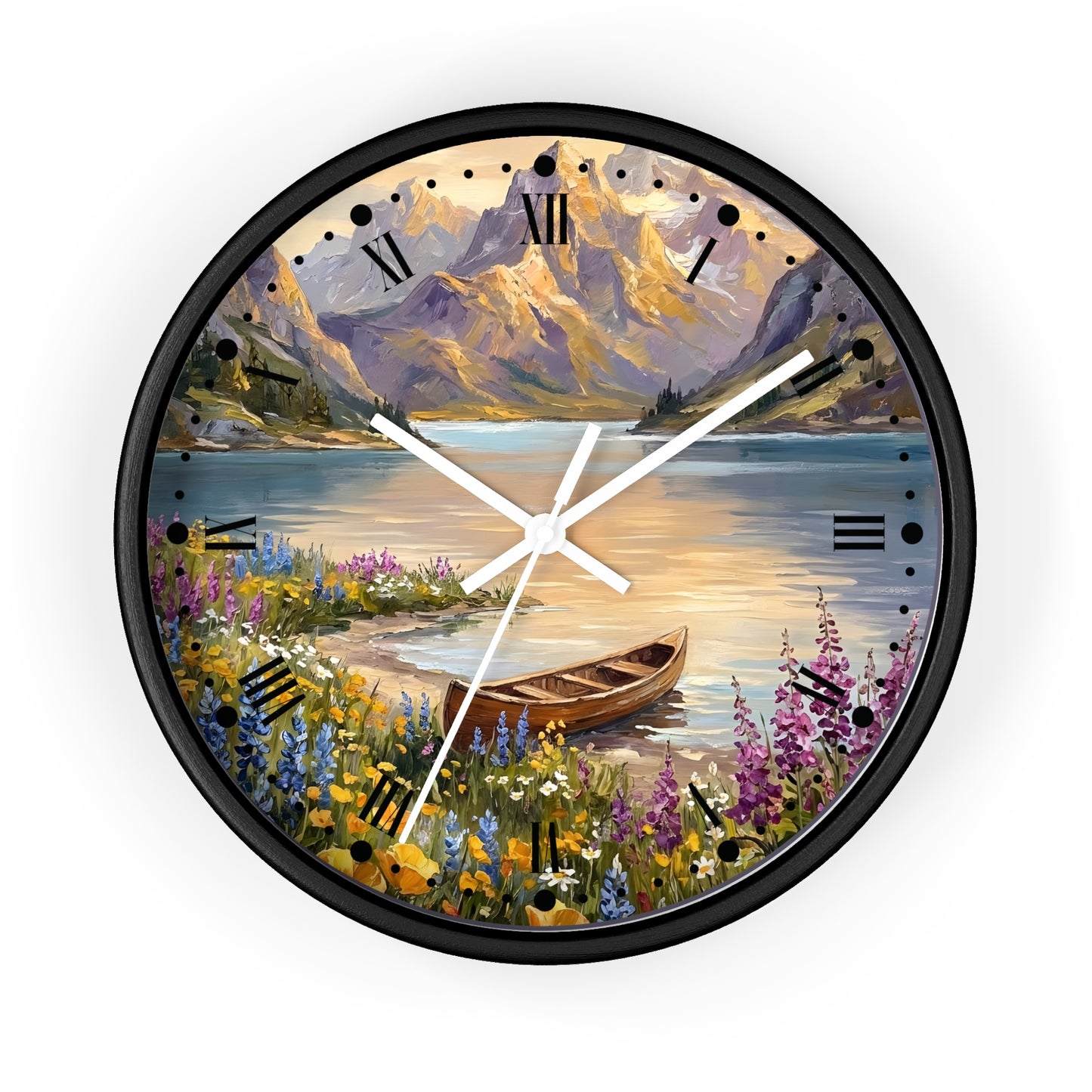 A round wall clock with a black frame and a scenic landscape print featuring mountains, a lake, a canoe, and wildflowers. The clock face has black Roman numerals and white hands, shown against a plain white background.