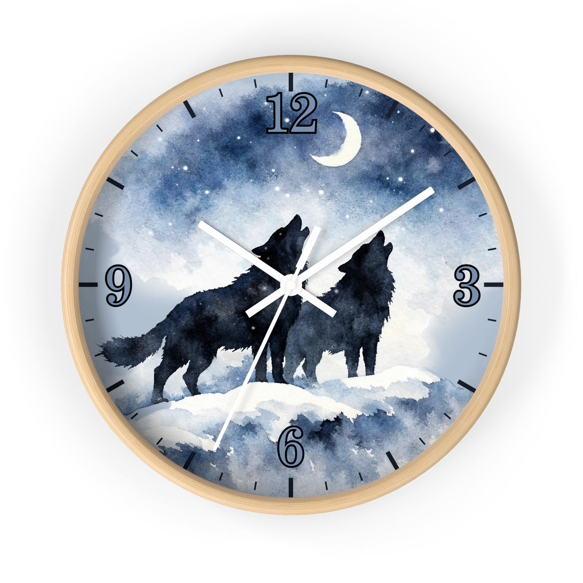 Round wall clock with a light wood frame and a watercolor-style night sky face showing two black howling wolves under a crescent moon and stars. The clock has blue-toned numerals and white hands on a white background.