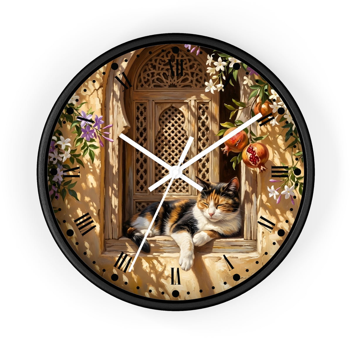 A round wall clock with a black frame and a detailed printed face showing a calico cat resting on a wooden window ledge, surrounded by flowers, pomegranates, and shadow patterns. The clock hands are white, and the background is a clean white studio setting.