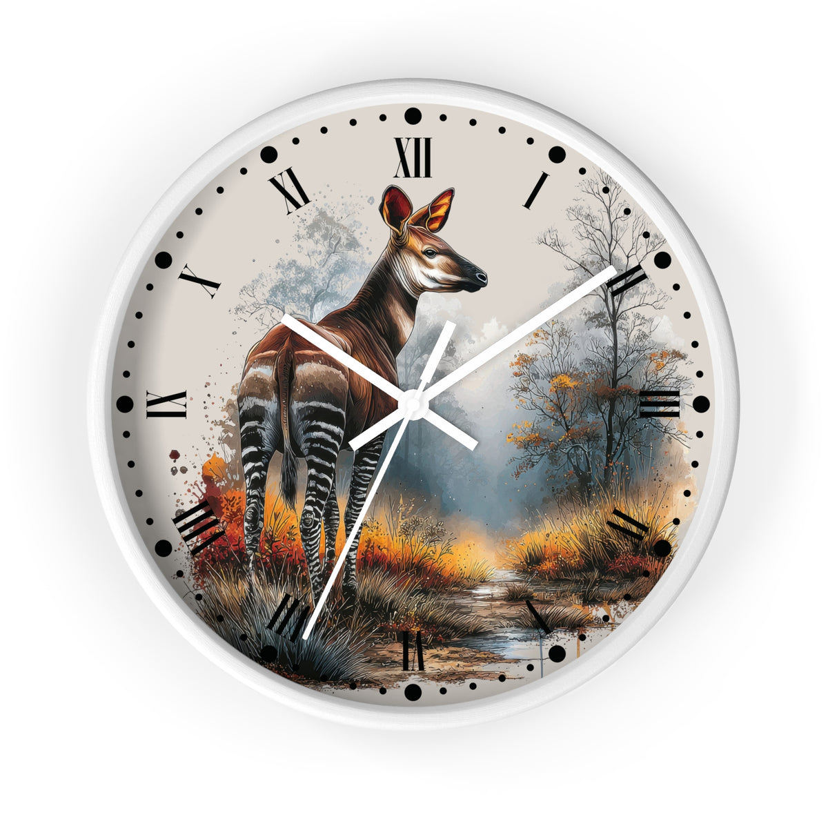 A round wall clock with a white frame and a printed nature scene on the face. The artwork shows a zebra deer standing in a forest with autumn foliage, and the clock markers are Roman numerals with black dot hour indicators.