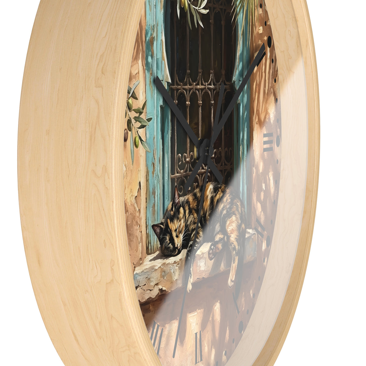 Mediterranean Torte Cat Wall Clock — Sleeping Calico Tabby Window Scene