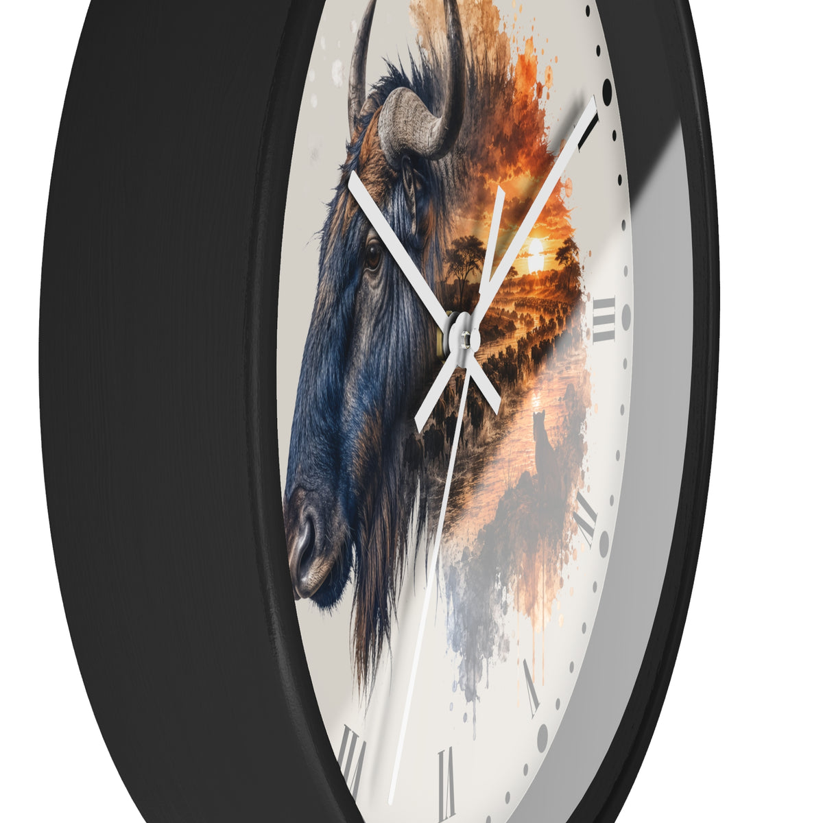 A close-up of a round wall clock with a black frame and a white dial featuring a painted bison head and warm orange sunset artwork, shown against a plain white background.