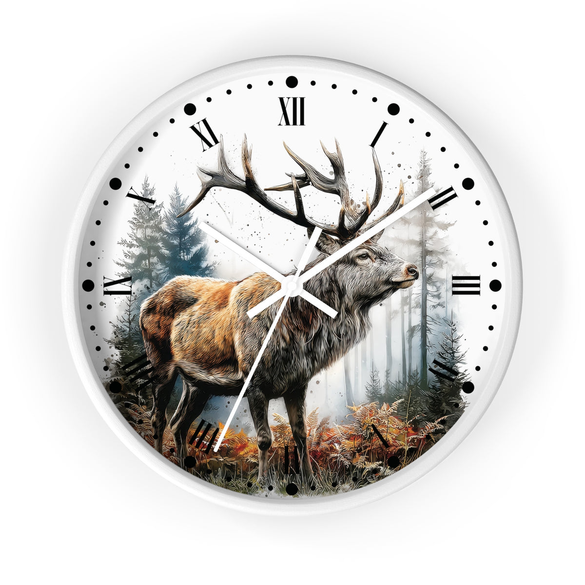 A round wall clock with a white face and white frame, featuring a detailed illustration of a large deer with antlers standing in a misty forest. The clock has black Roman numerals, black dot hour markers, and white hands.