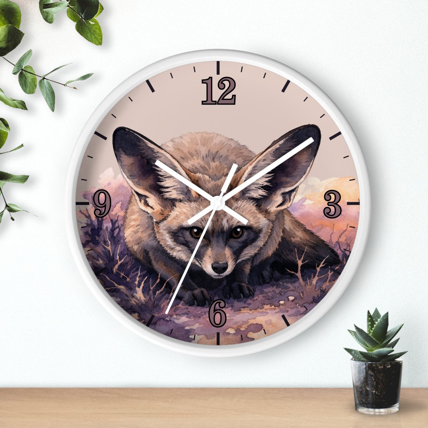 Fennec Fox Wall Clock — Desert Night Botanical Art Clock