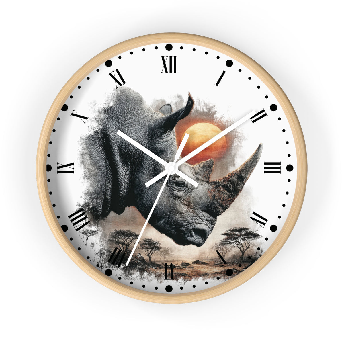A round wall clock with a light wood frame and a white face featuring a large rhinoceros illustration, Roman numerals, black hour markers, white hands, and a small orange sun over a savanna scene.