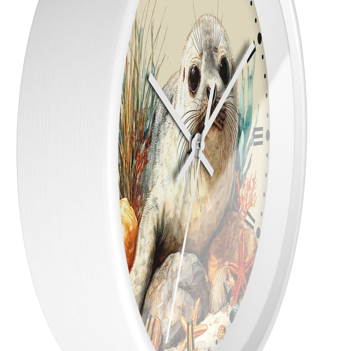 A round white wall clock with a detailed illustration of a seal on the face, featuring black Roman numerals and silver hands, shown against a plain white background.