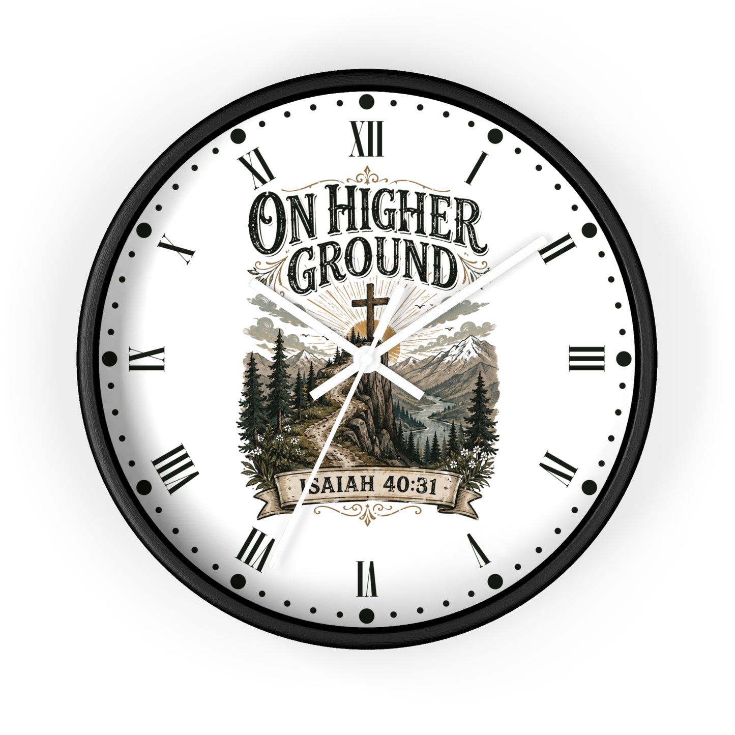 On Higher Ground Wall Clock — Isaiah 40:31 Mountain Christian Decor