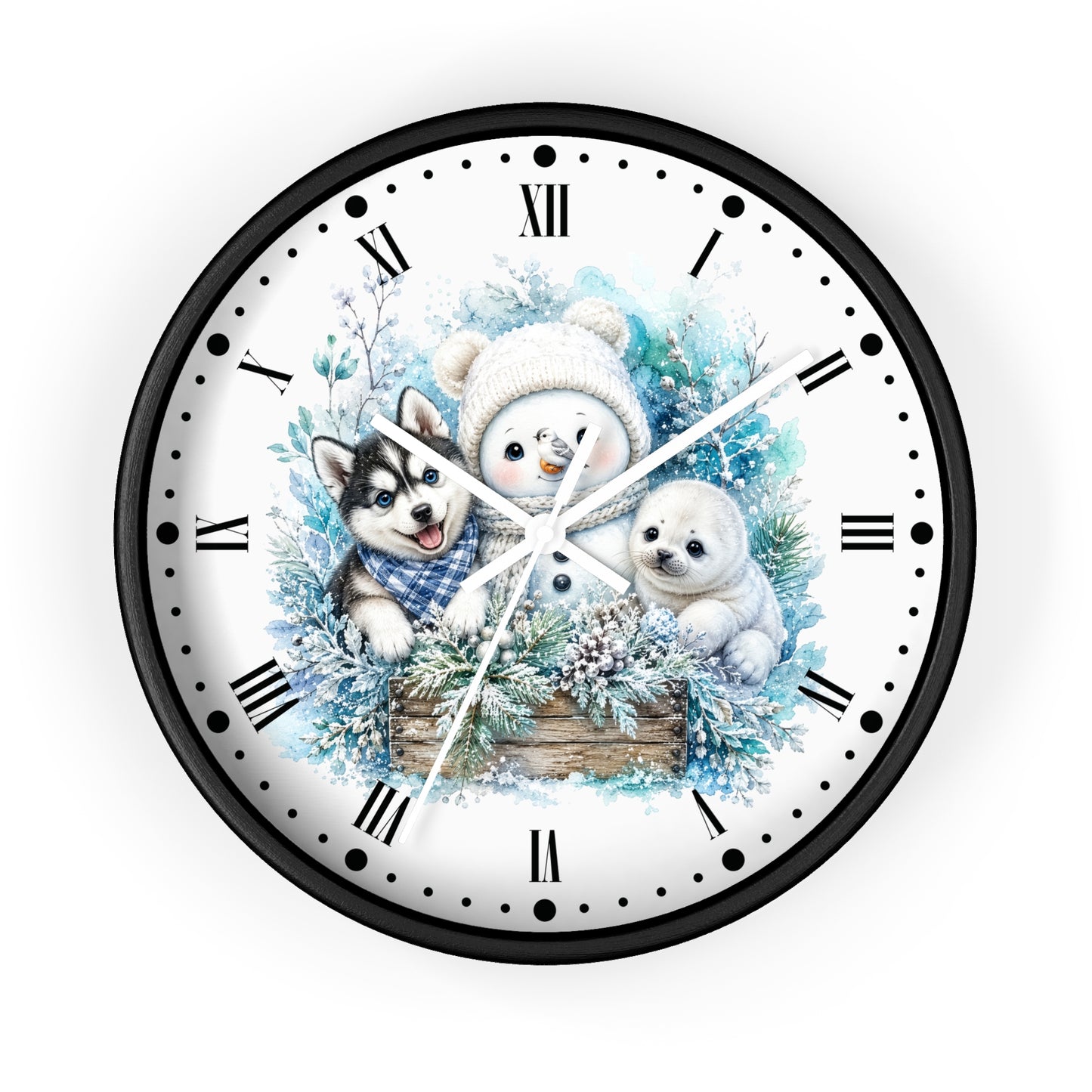 A round wall clock with a black frame and a white face featuring a winter illustration of a snowman, a husky, and a polar bear in blue and white tones, with black Roman numerals and hands.