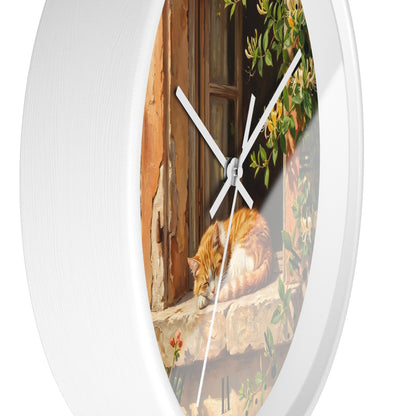Sleeping Ginger Cat Wall Clock — Rustic Animal Home Decor