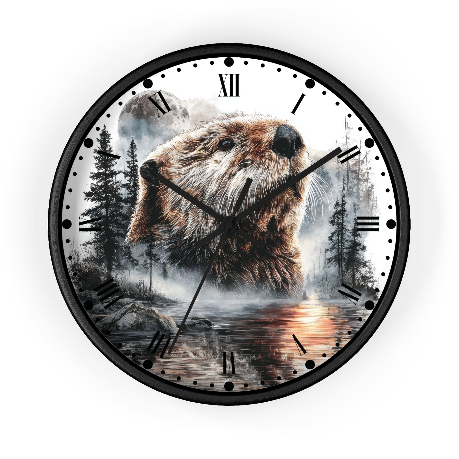 A round wall clock with a black frame and Roman numerals, featuring a printed design of a beaver in a misty forest by a river and a full moon in the background.