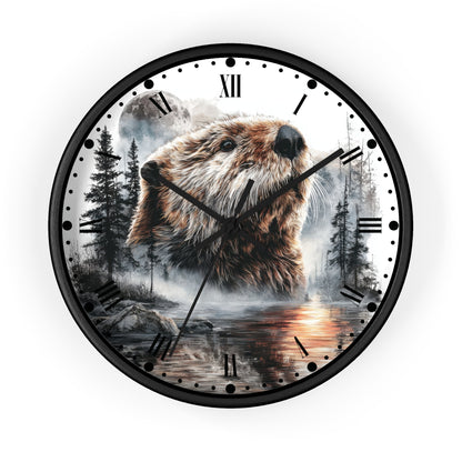 A round wall clock with a black frame and Roman numerals, featuring a printed design of a beaver in a misty forest by a river and a full moon in the background.