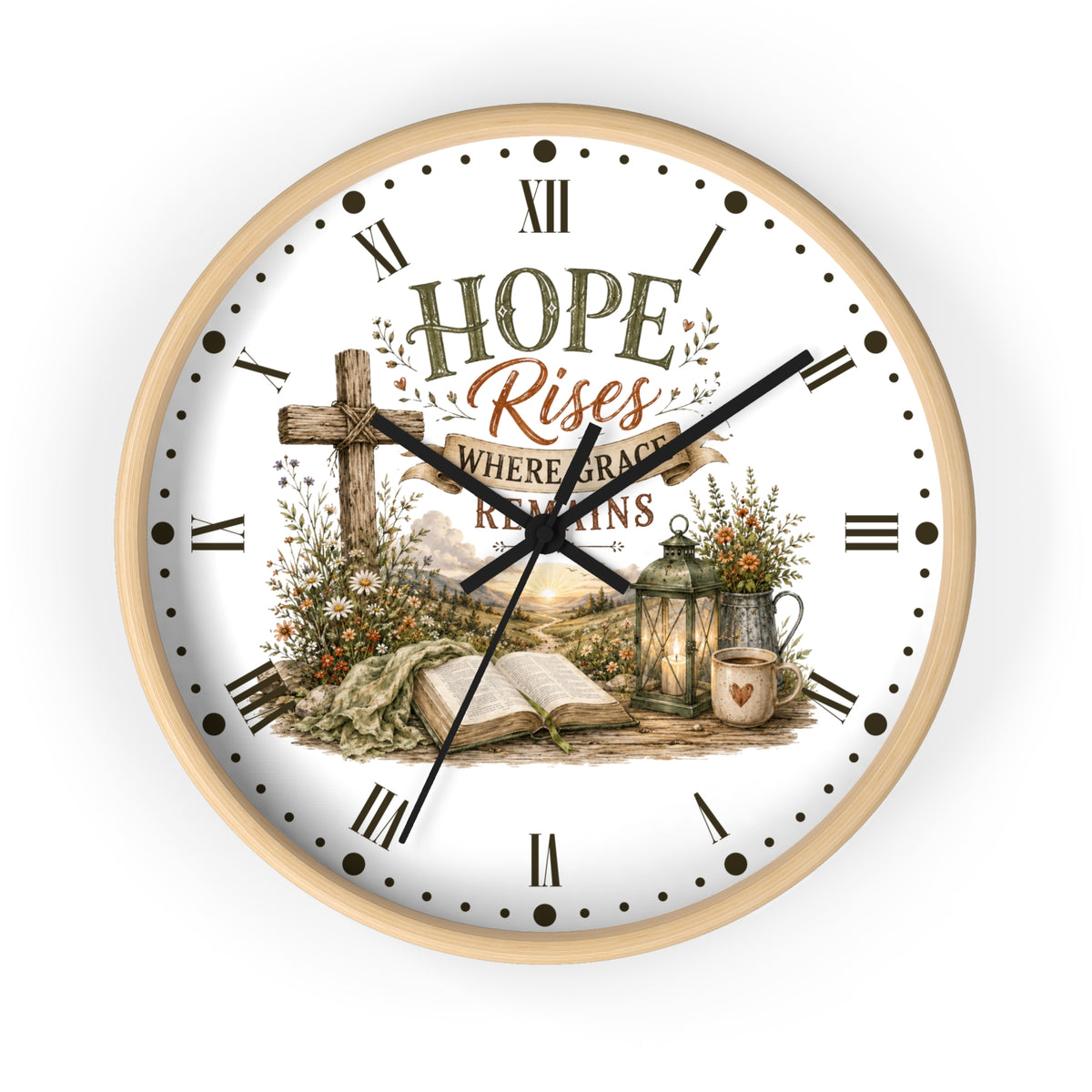 Christian Inspirational Wall Clock — "Hope Rises Where Grace Remains" Farmhouse Decor