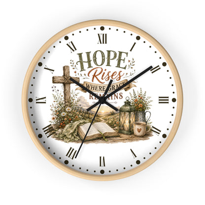Christian Inspirational Wall Clock — "Hope Rises Where Grace Remains" Farmhouse Decor