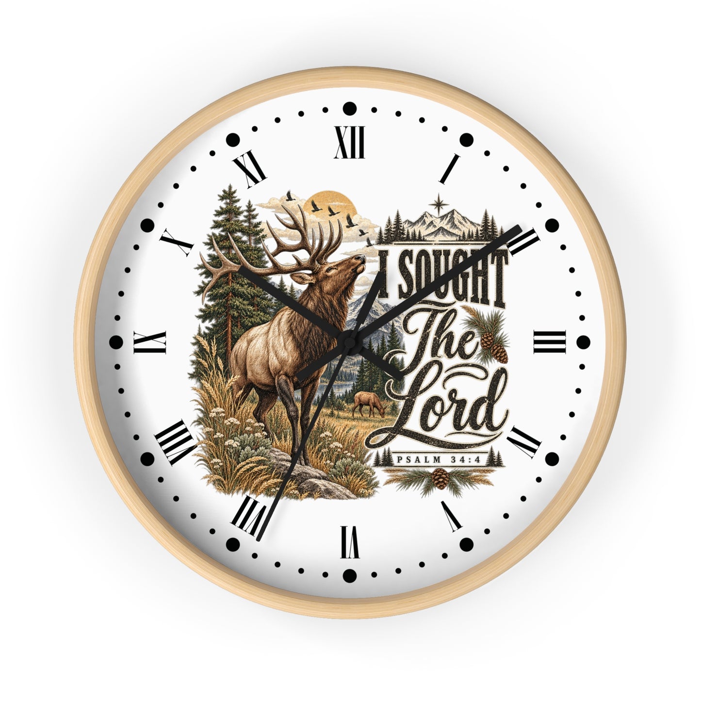 Rustic Elk Wall Clock – “I Sought The Lord” Psalm 34:4 Christian Home Decor