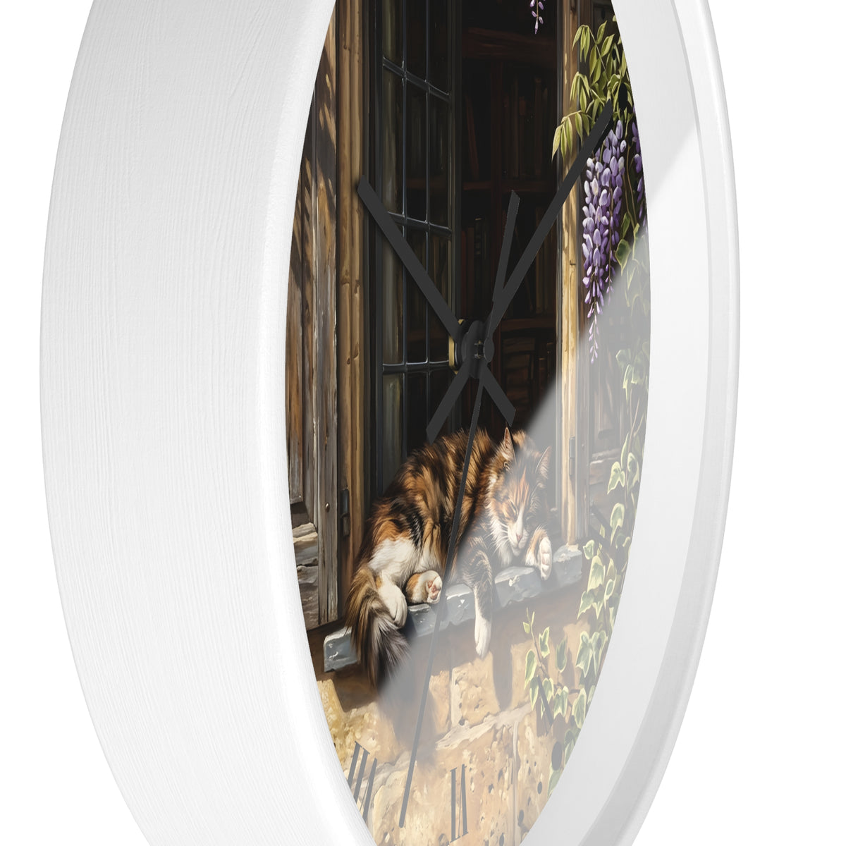 Round white wall clock with a printed illustration of a cat resting by a window and purple wisteria flowers, shown against a plain white background.