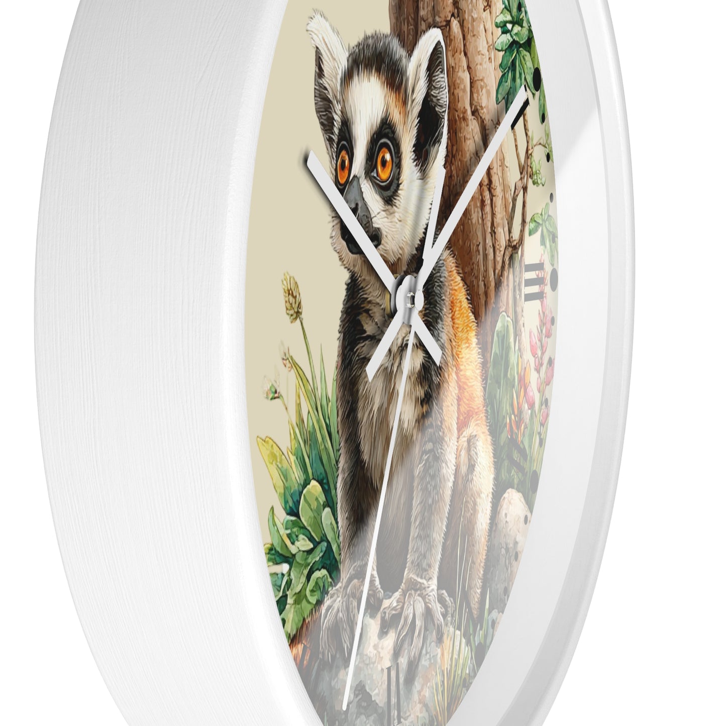 Round white wall clock featuring a detailed illustration of a ring-tailed lemur on the clock face, with white hands and a clean white frame.