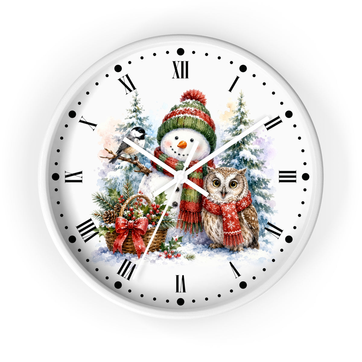 A round white wall clock with a festive Christmas illustration featuring a snowman in a red and green hat next to an owl, with snow trees and a basket in the background. The clock face has black Roman numerals, black dot hour markers, and white clock hands.