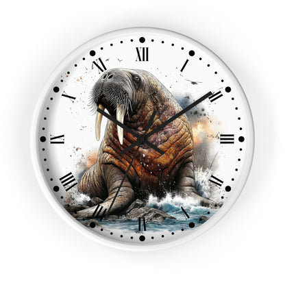 A round wall clock with a white frame and face, featuring a detailed illustration of a walrus sitting on rocks in the water. The clock has black Roman numerals and black hands, set against a clean white background.