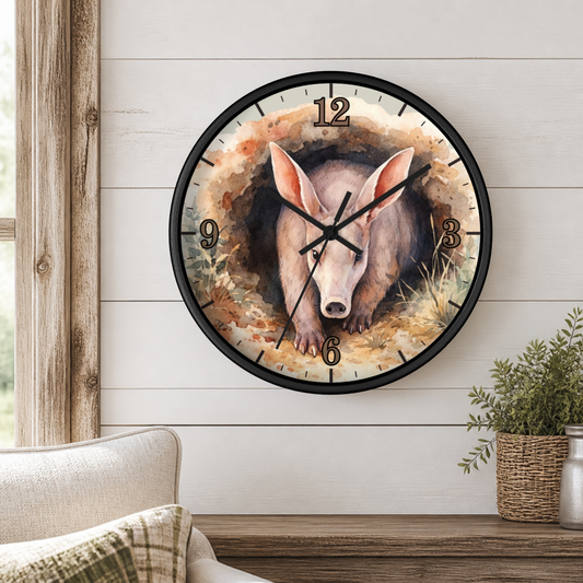 A round wall clock with a black frame and a pig illustration on the face, mounted on a white shiplap wall above a wooden console table with a plant and part of a sofa visible.
