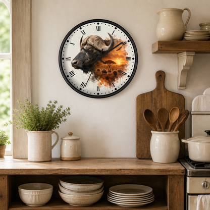 A round wall clock with a black frame and a western-style buffalo illustration, mounted on a beige wall in a rustic kitchen setting with wooden shelves, ceramic dishes, and a cutting board.