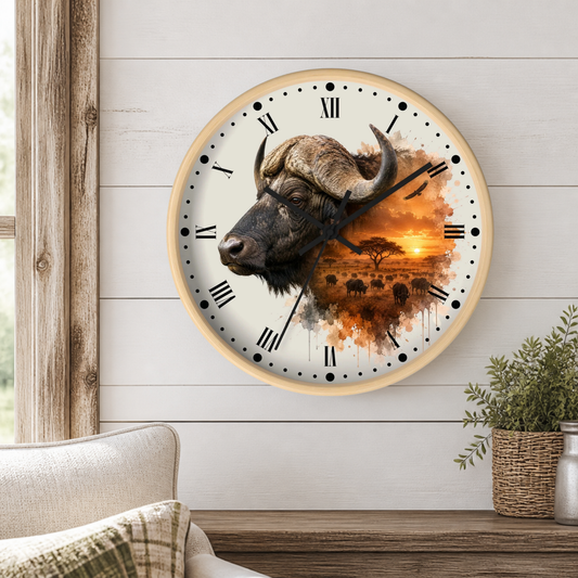A round wall clock with a light wood frame hangs on a white shiplap wall above a wooden table. The clock face features a detailed illustration of a buffalo on the left and a warm orange sunset landscape on the right, with black Roman numerals and hands.