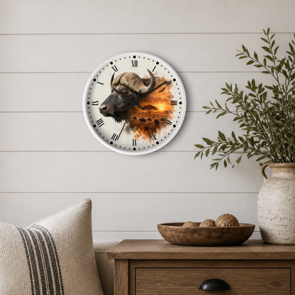A round wall clock with a white frame and a printed design of a buffalo head over a warm orange and brown abstract background, mounted on a light beige shiplap wall above a wooden side table with a vase and bowl.