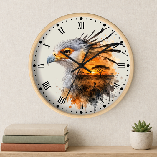 A round wall clock with a light wood frame hangs on a beige wall above a shelf with stacked books and a small potted succulent. The clock face features a watercolor-style illustration of a bird of prey over an African savanna sunset scene with an acacia tree.