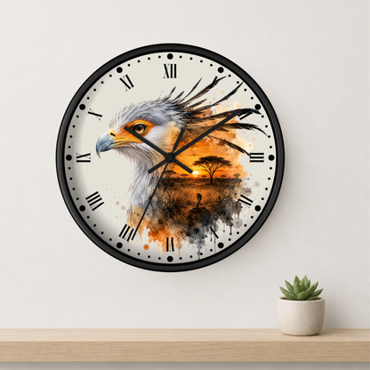 A round wall clock with a black frame and Roman numerals, featuring a watercolor-style print of an eagle over an African savanna sunset. The clock is mounted on a white wall above a light wood shelf with a small potted succulent.
