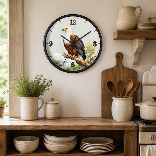 A round wall clock with a black frame hangs on a beige wall in a rustic kitchen setting. The clock face features a detailed illustration of a bald eagle perched on a branch, with black Arabic numerals from 1 to 12 and black clock hands.