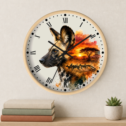 A round wall clock with a light wood frame and a printed design of an African wild dog in profile over a colorful savanna sunset scene. The clock is mounted on a light beige textured wall above a wooden shelf with stacked books and a small potted succulent.
