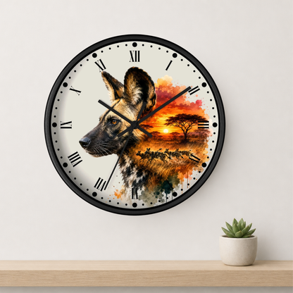 A round wall clock with a black frame and Roman numerals, featuring a watercolor-style design of a dog's head merging into an African savanna sunset scene. The clock is mounted on a white wall above a light wood shelf with a small potted succulent.