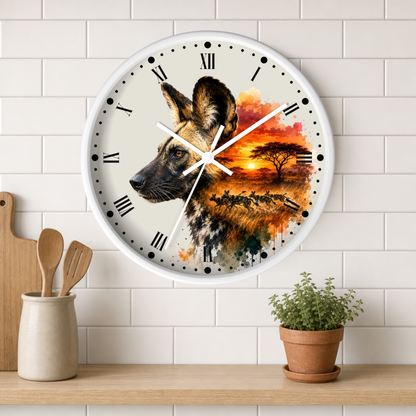 A round wall clock with a white frame hangs on a white subway-tile wall above a wooden shelf. The clock face features a watercolor-style design combining a dog's head on the left and an African savanna sunset scene on the right, with black Roman numerals and white hands.