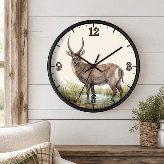 Round wall clock with a black frame and an illustrated antelope standing in grassy water, mounted on a white shiplap wall above a wooden surface with a chair and plant nearby.